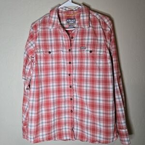 Ariat Women’s Plaid Button Up Shirt Coral Pink White Western Cowgirl Rodeo